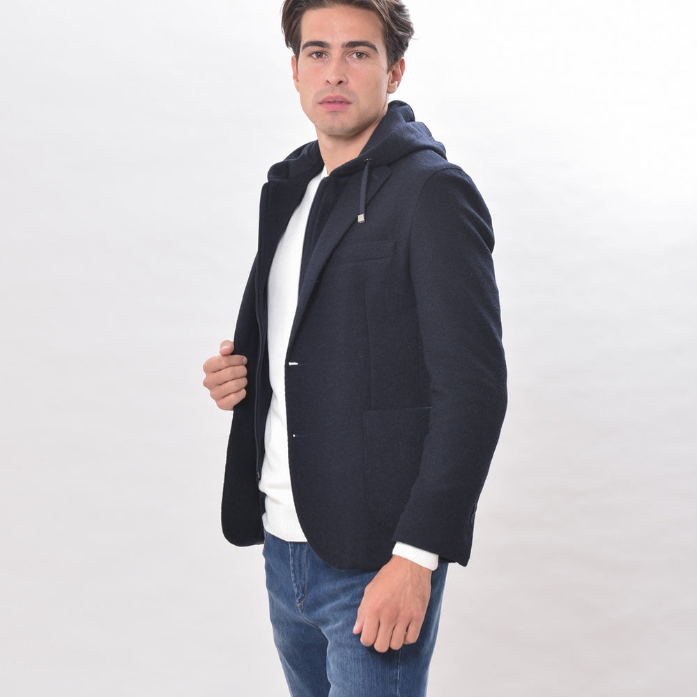 
                      
                        GABARDINE - Giacca blu monopetto con cappuccio
                      
                    